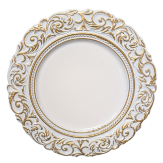 Brushed Gold Baroque Acrylic Charger Plate (25/case) - White